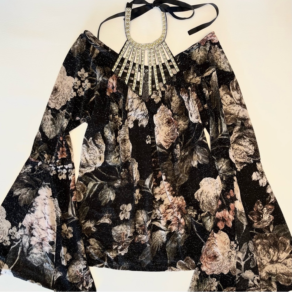 Venus Floral Metallic Caged Halter Top Bell Sleeves Black Gold Size Medium - Picture 12 of 15